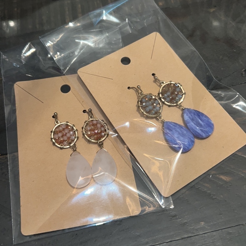 Boho Beaded Teardrop Dangle Earrings Set Blue White Gold Tone Bundle 2 Pairs‎